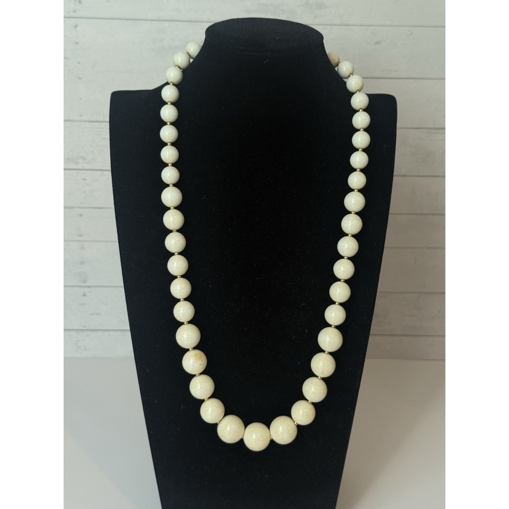 Bergere Vintage White Graduated Bead Necklace Gold Tone Spacers Signed 13"